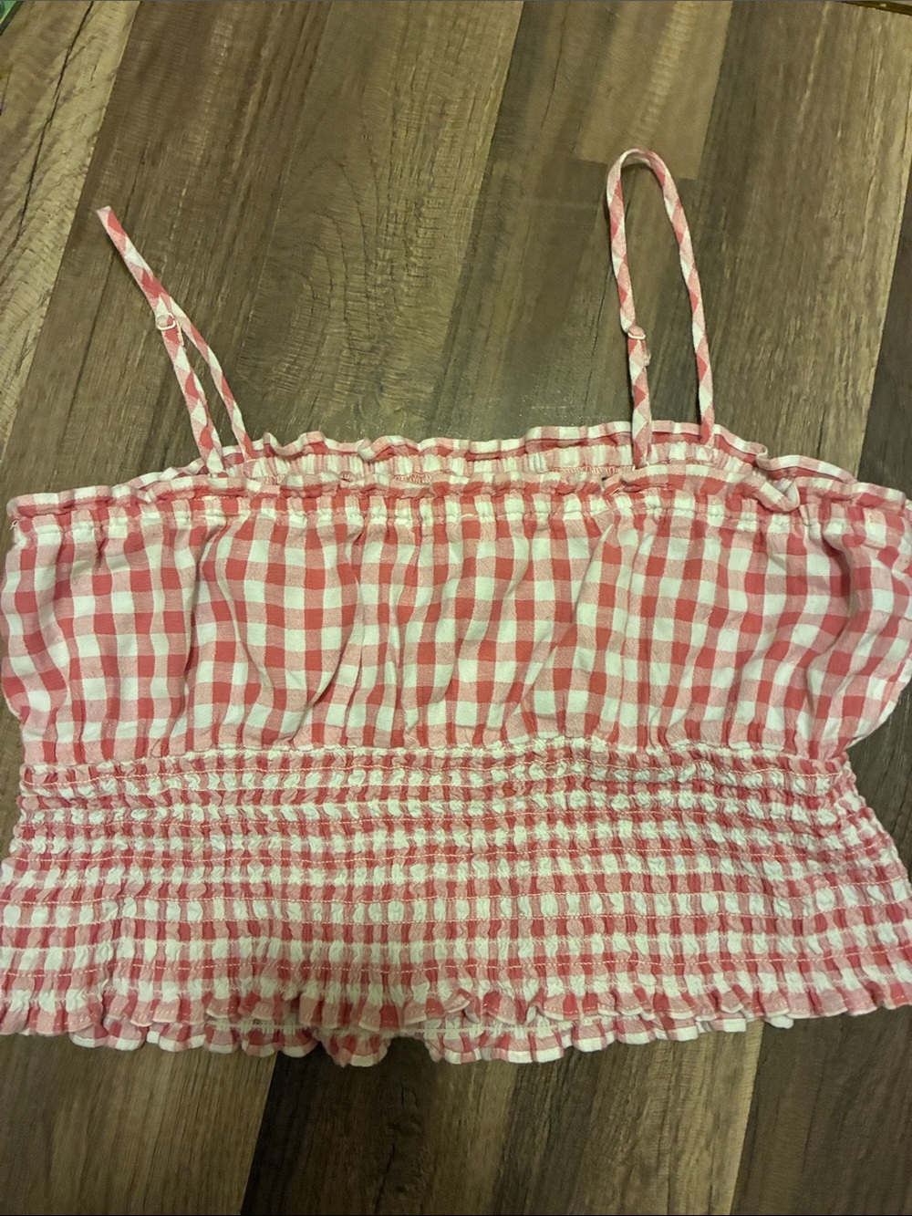 BOGO FREE-American Eagle Outfitters Pink & White Gingham Smocked Crop Top-Size M